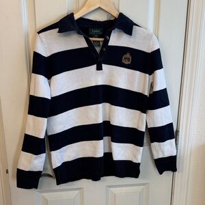 Ralph Lauren Women’s Navy and White V-Neck Rugby Sweater